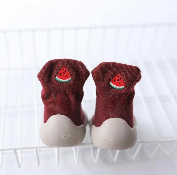burgundy sock trainers with stitched watermelon  detail on the back 