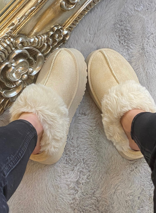 Beige Platform Mule Slipper Faux Fur Fluffy Shoes