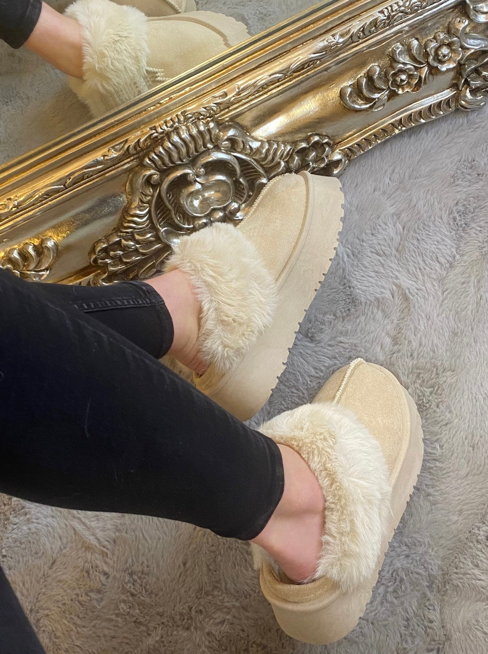 Beige Platform Mule Slipper Faux Fur Fluffy Shoes