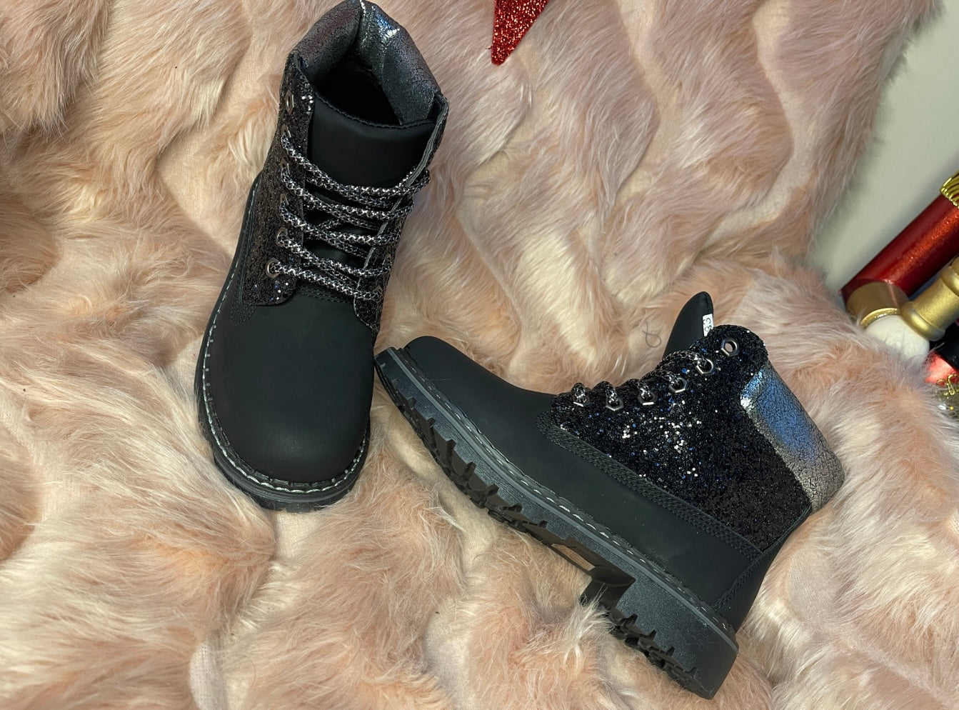 Black biker boots with black sparkles