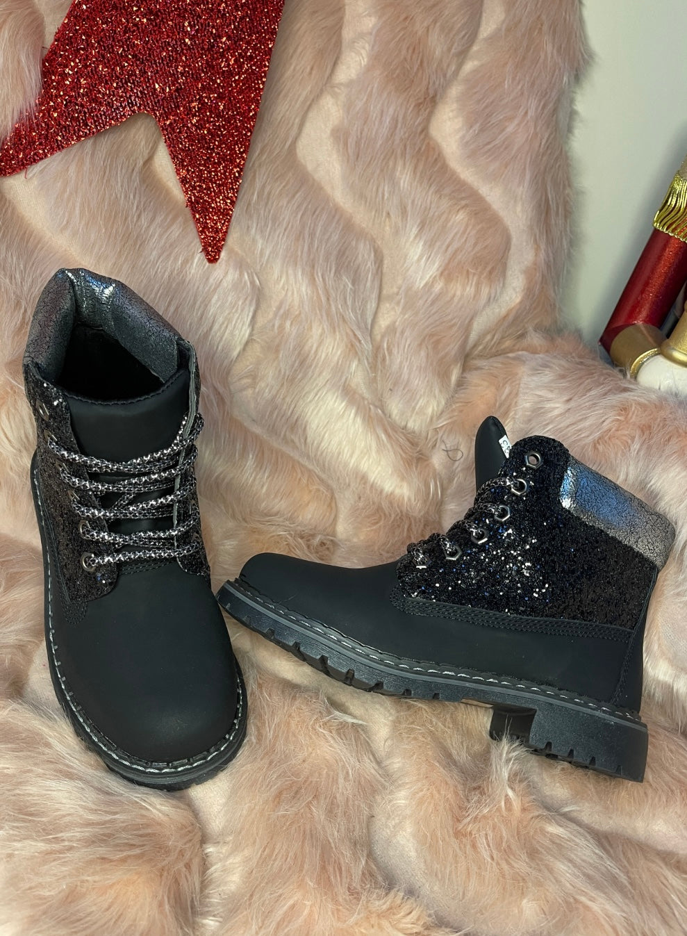 Black biker boots with black sparkles