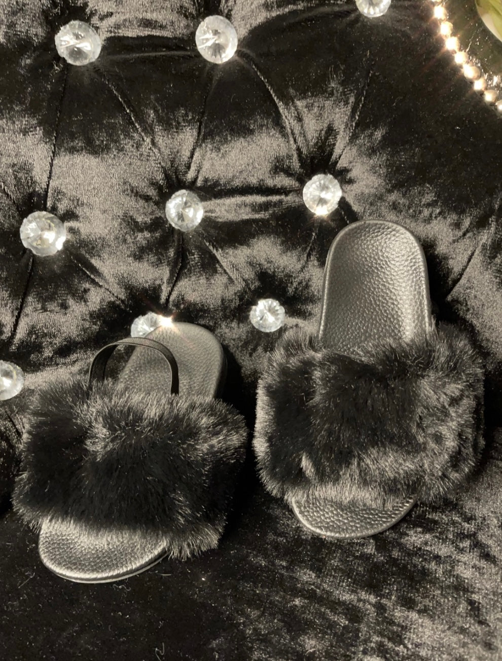 Black faux fur baby girl & toddler girl sliders