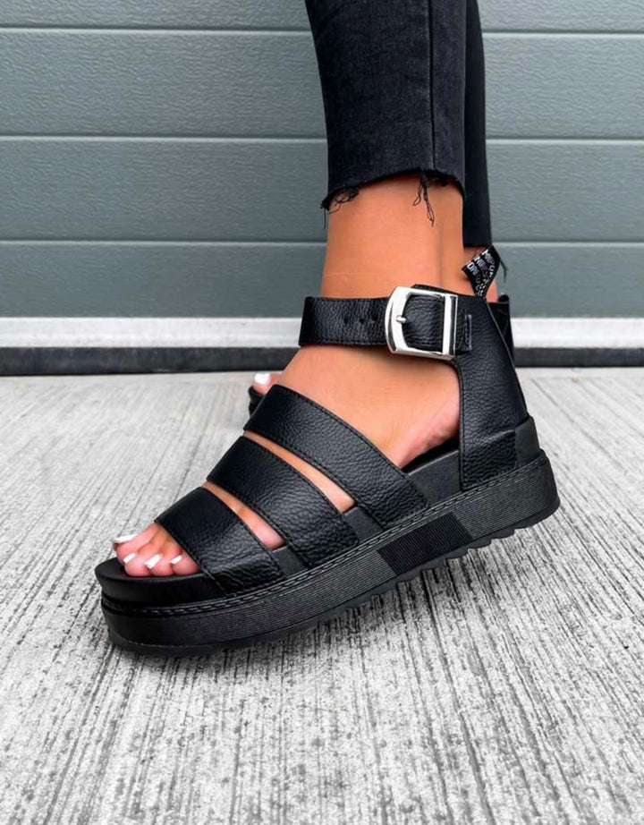 Black Gladiator Sandals – Faux Leather Strappy Summer Shoes