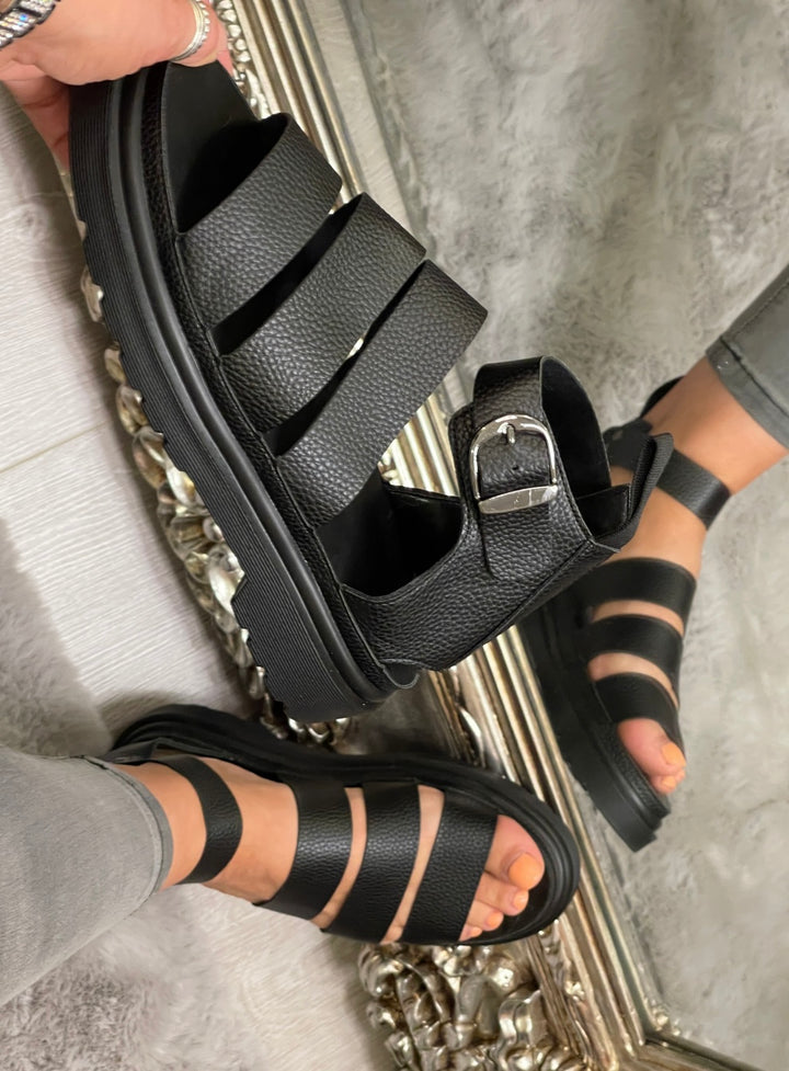 Black Gladiator Sandals – Faux Leather Strappy Summer Shoes