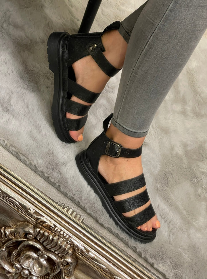 Black Gladiator Sandals – Faux Leather Strappy Summer Shoes