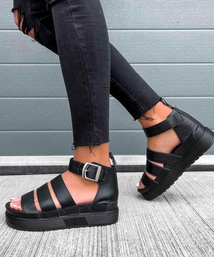 Black Gladiator Sandals – Faux Leather Strappy Summer Shoes