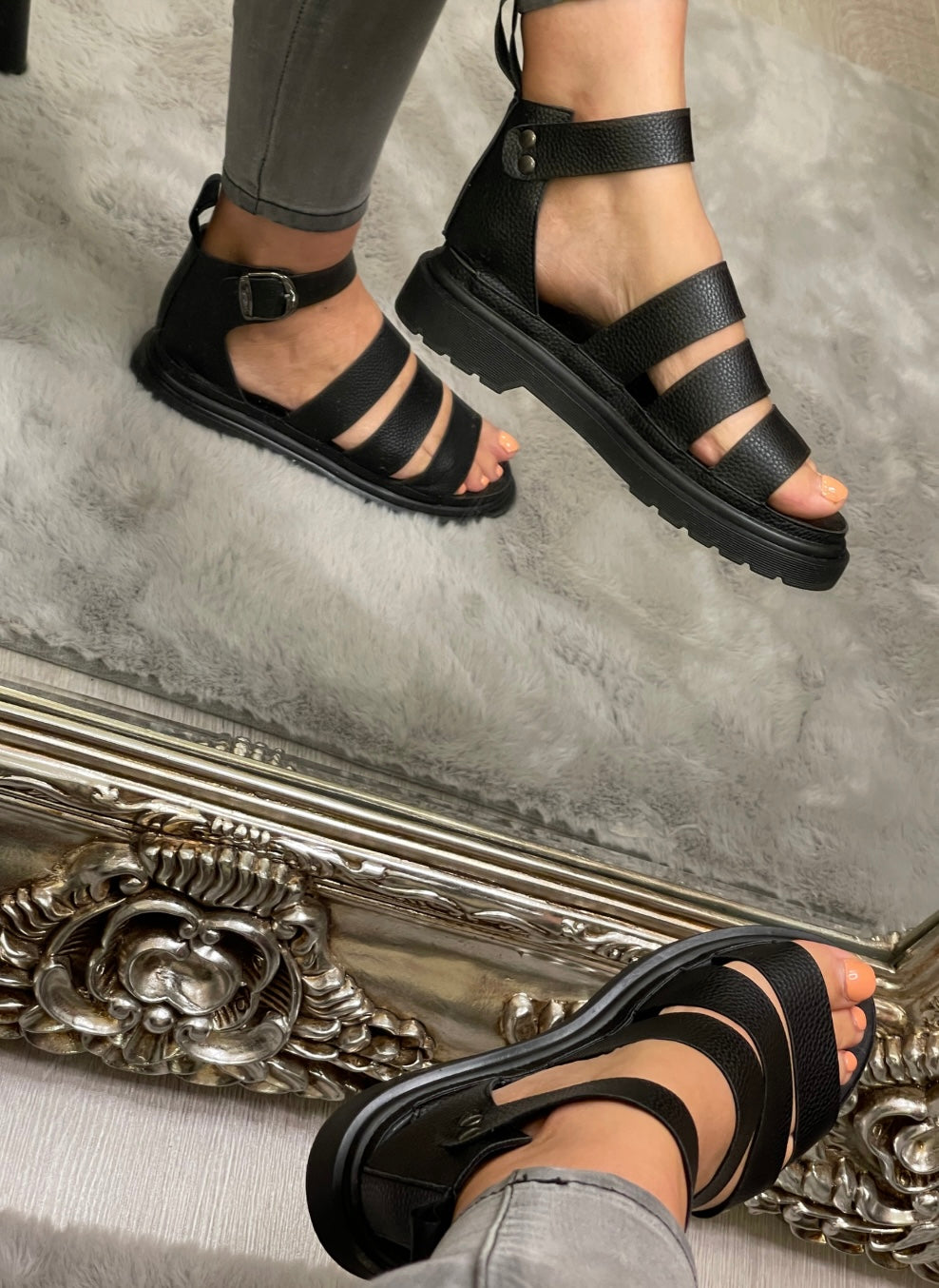 Black Gladiator Sandals – Faux Leather Strappy Summer Shoes