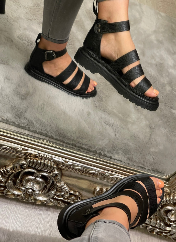 Black Gladiator Sandals – Faux Leather Strappy Summer Shoes