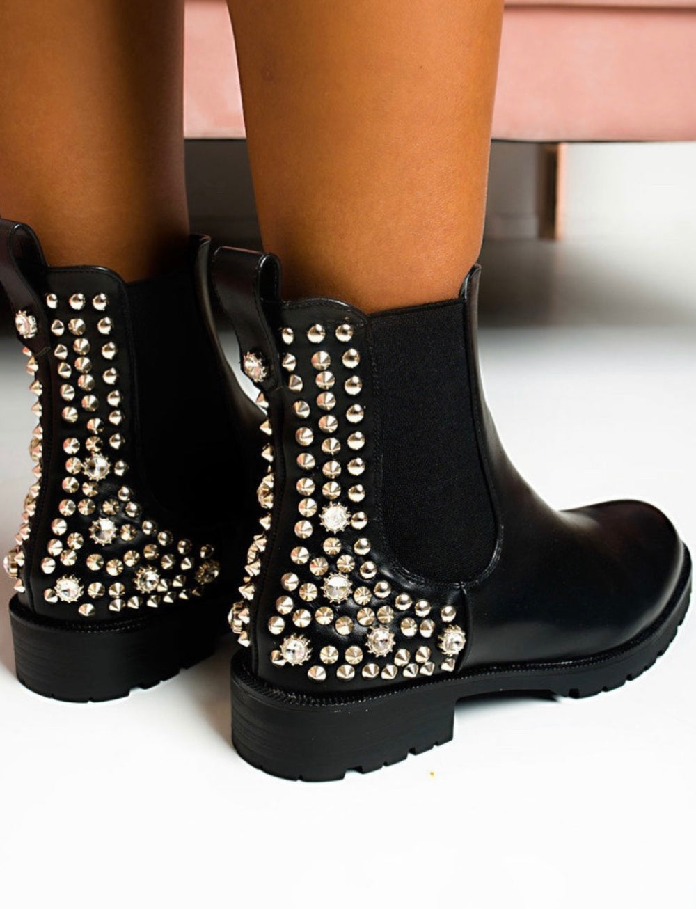Black crystal studded Chelsea boots with elastic sides and back detail, women’s stylish ankle boots
