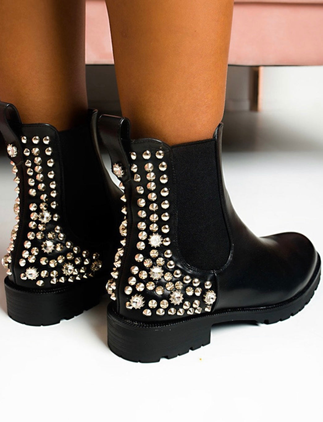 Black PU leather ankle boots with silver studs