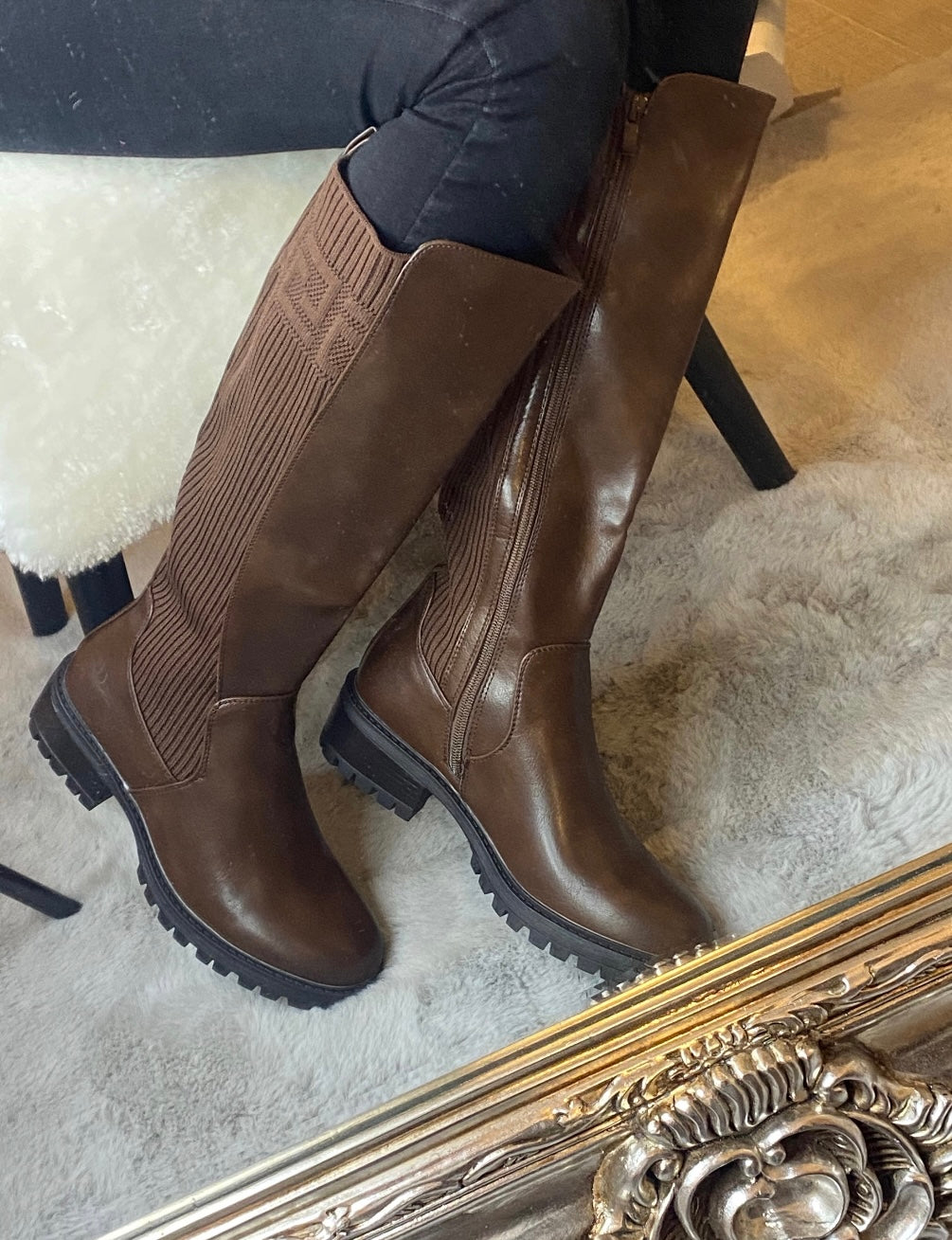 Brown f style Greek key knee height boots with stretchy calf detail